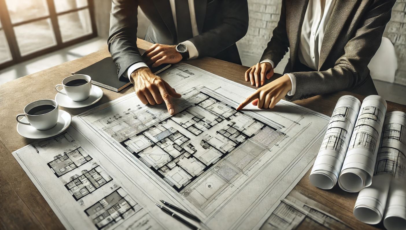 Consultation immobilière avec des experts analysant des plans de construction, symbolisant la réussite d'une vente en l'état futur d'achèvement.