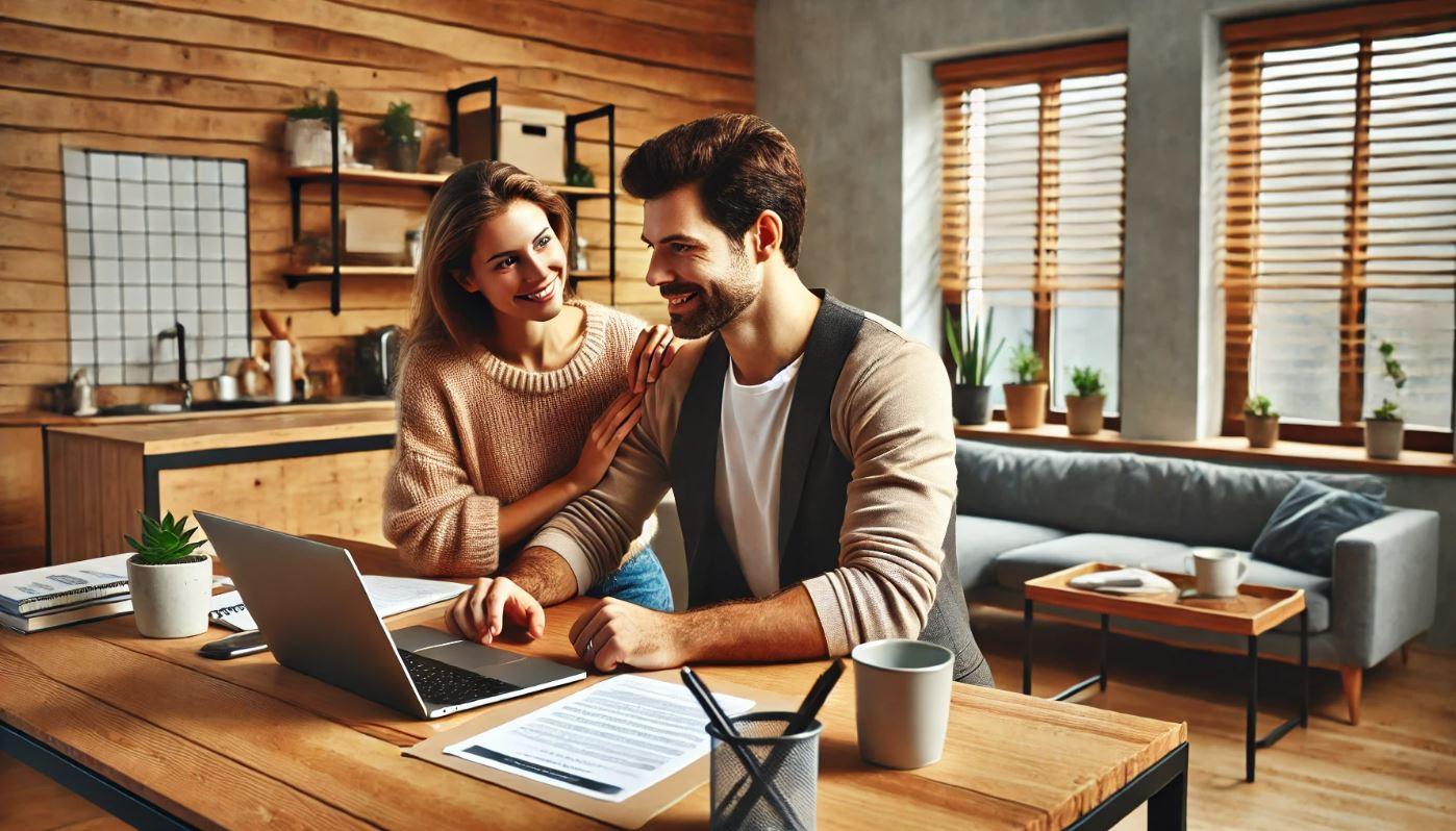 Couple discutant de l'assurance pour propriétaire dans un bureau lumineux, avec un ordinateur portable et des documents sur la table.