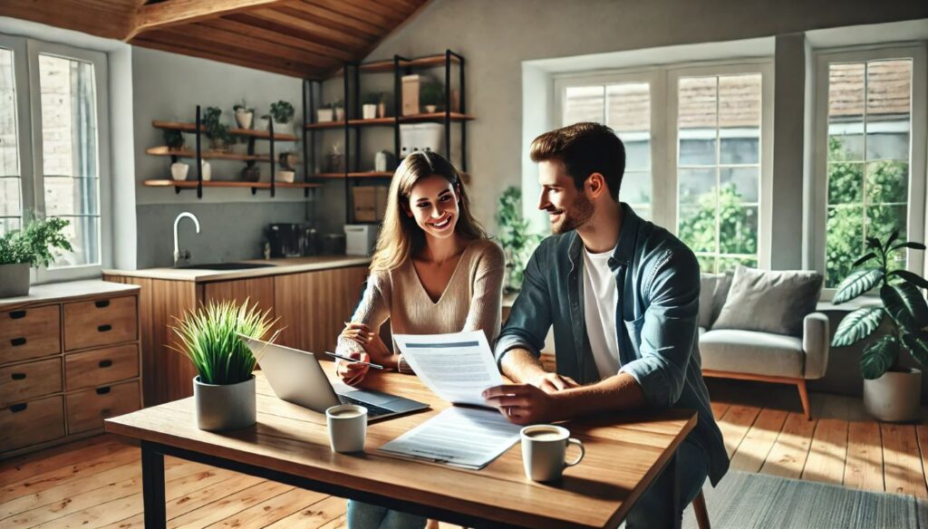 Couple souriant examinant des documents d'assurance dans un bureau moderne avec des tasses de café sur la table.