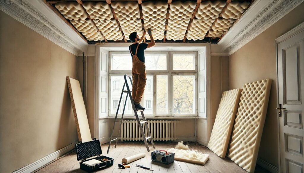 Travaux d’insonorisation dans un appartement ancien, un professionnel installe des panneaux acoustiques au plafond.