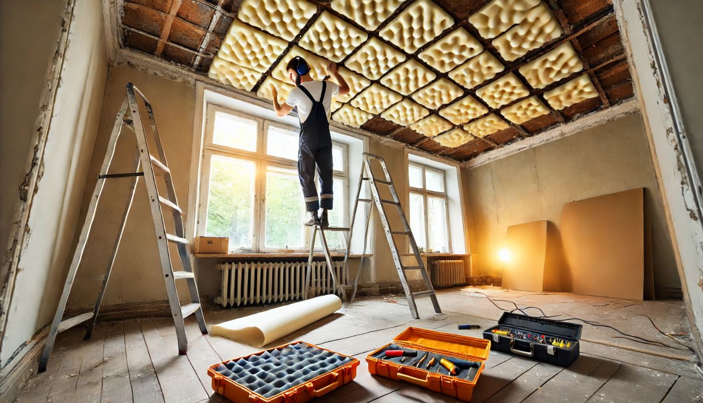 Insonorisation d’un appartement avec installation de panneaux acoustiques par un ouvrier sur une échelle.