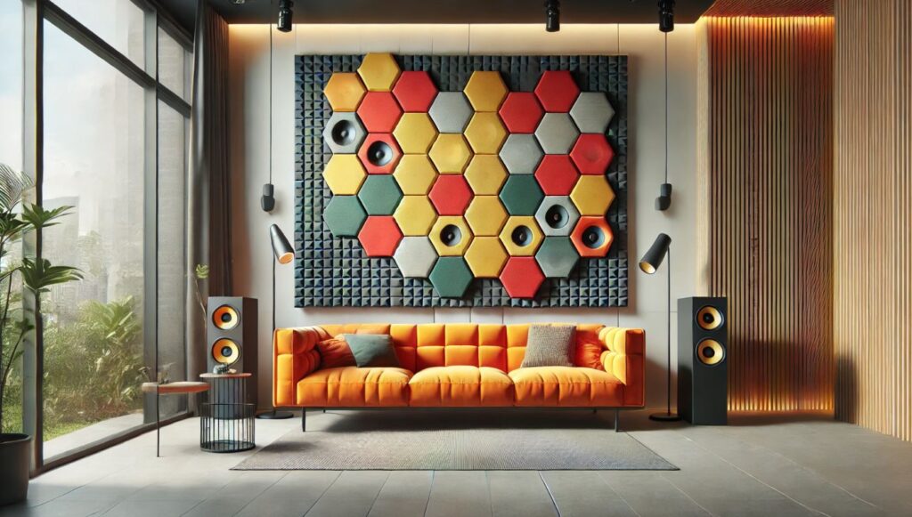 Installation de panneaux acoustiques hexagonaux colorés dans un salon moderne avec canapé orange pour améliorer l'insonorisation