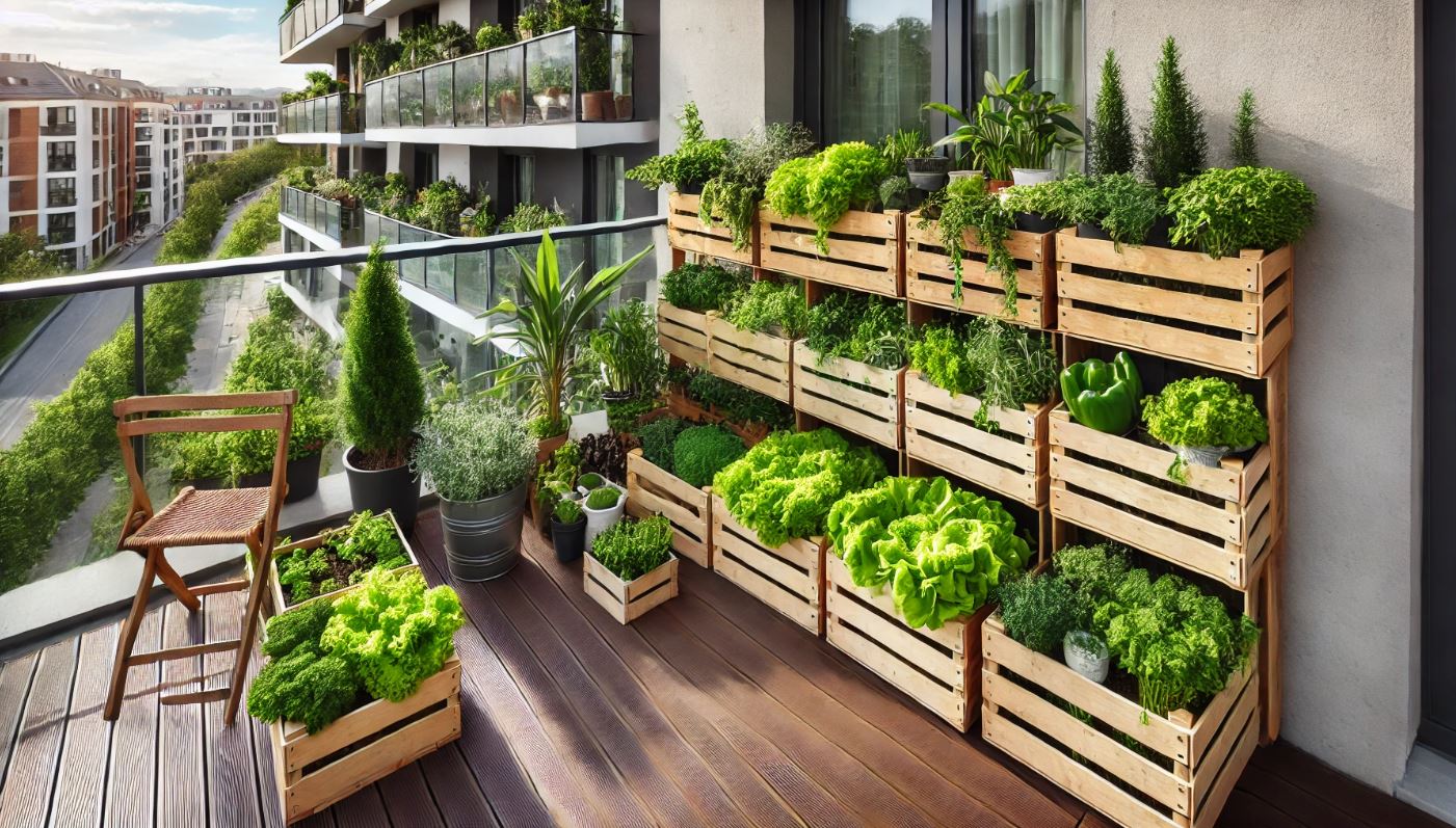 Un balcon aménagé en jardin comestible avec des caisses en bois remplies de légumes verts et d'herbes aromatiques.