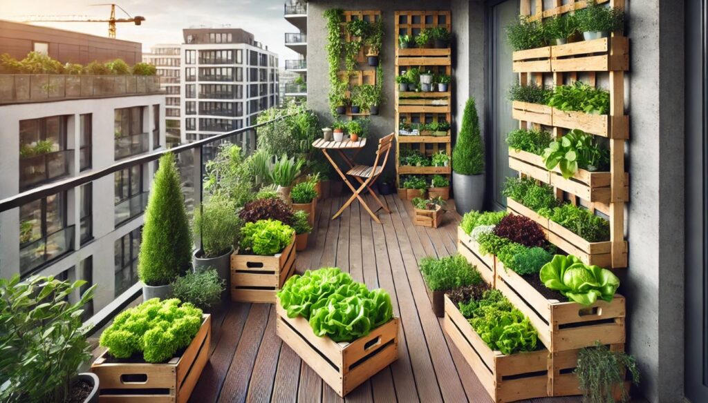 Un balcon urbain transformé en potager avec des légumes et herbes dans des caisses en bois, optimisé pour les petits espaces.