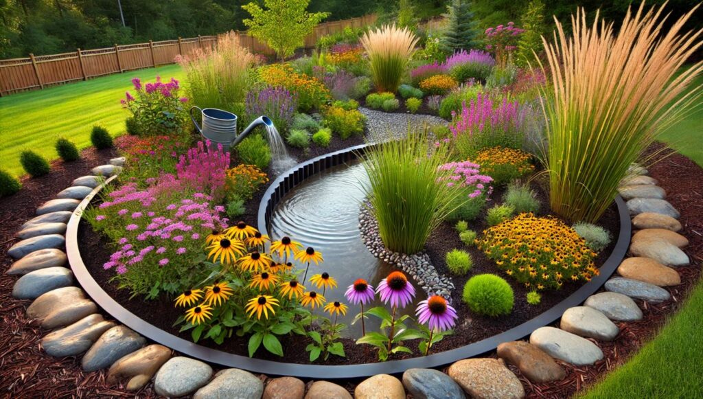 Jardin de pluie conçu pour recueillir l'eau de pluie, avec des fleurs vibrantes et un petit canal de drainage, bordé de pierres naturelles