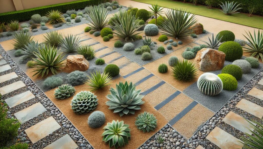 Jardin sec optimisé pour la conservation d’eau, utilisant des pierres et du gravier, avec des plantes arides telles que des agaves et des cactées.