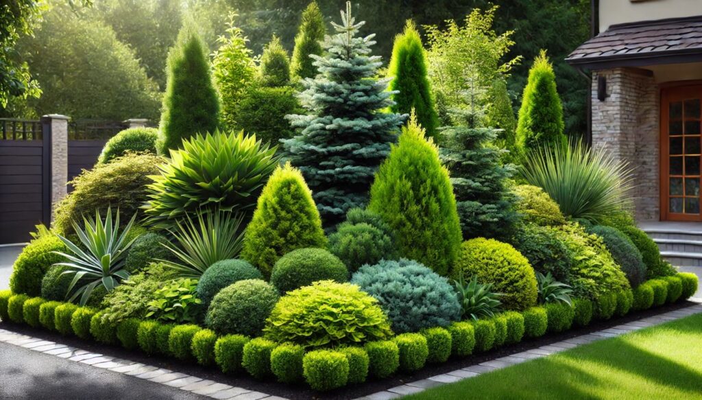 Haie de plantes persistantes bien entretenue dans un jardin avec différentes textures et couleurs de feuillage.