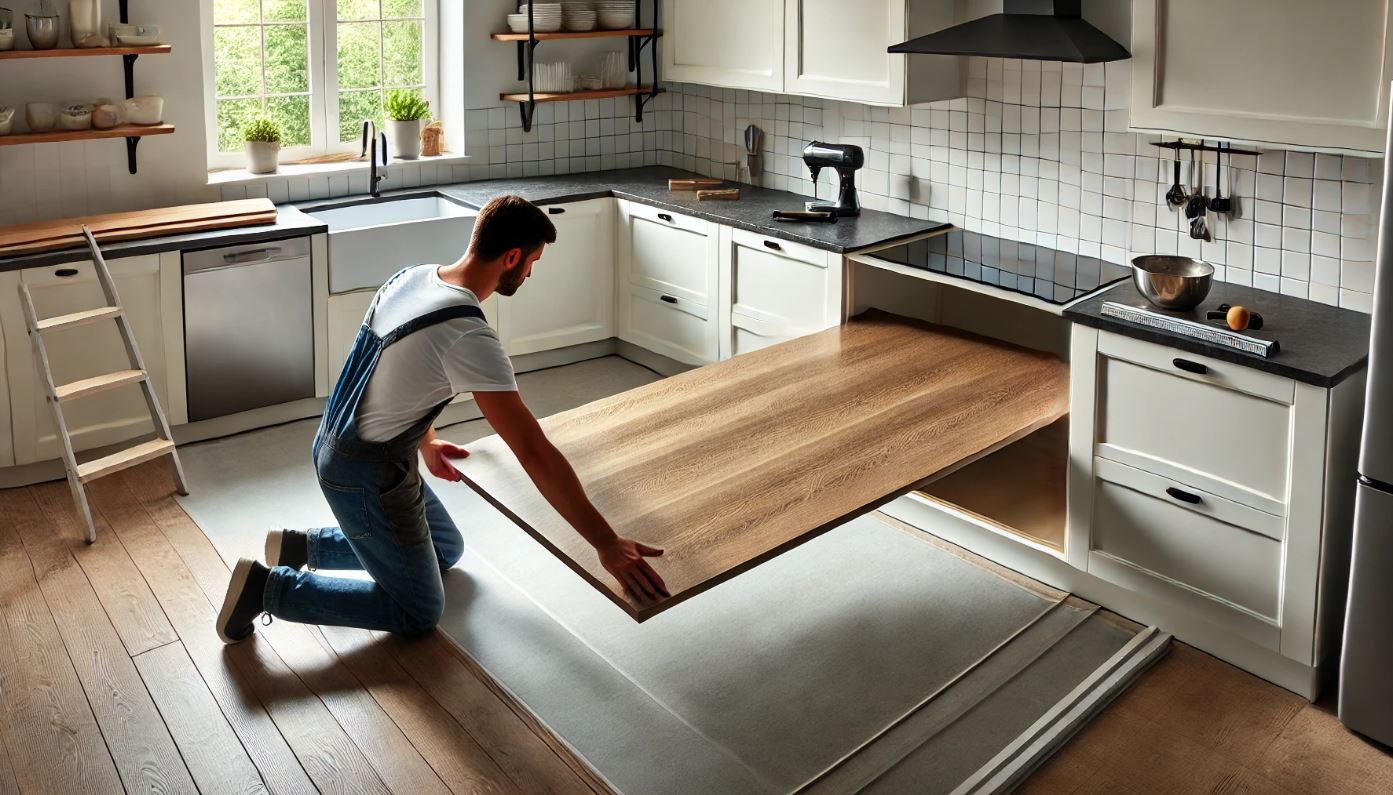 Un homme posant un plan de travail en granit noir dans une cuisine moderne, avec des armoires blanches et un éclairage naturel