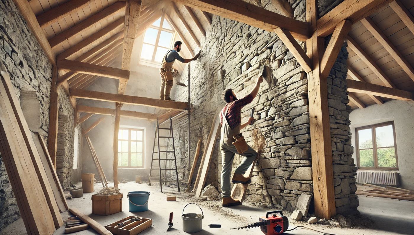 Travailleurs rénovant un mur en pierre apparente à l'intérieur, utilisant des outils pour réparer les pierres et maintenir le charme rustique.