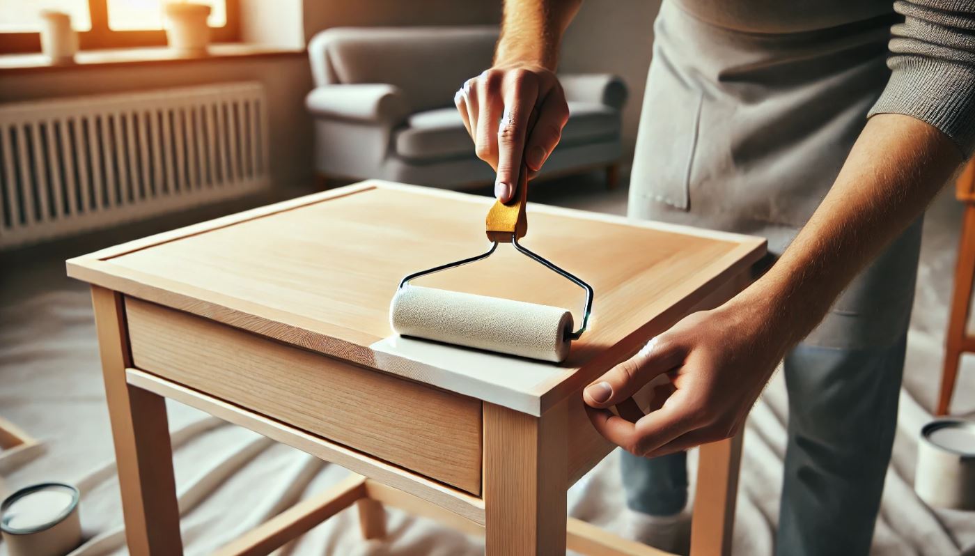 Repeindre une table en bois laqué sans ponçage à l’aide d’un rouleau, application d’une couche de peinture grise sur une surface en bois.